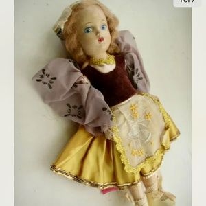 Vintage,  Elegant 11" Composition Doll in Gold-Burgundy Gown